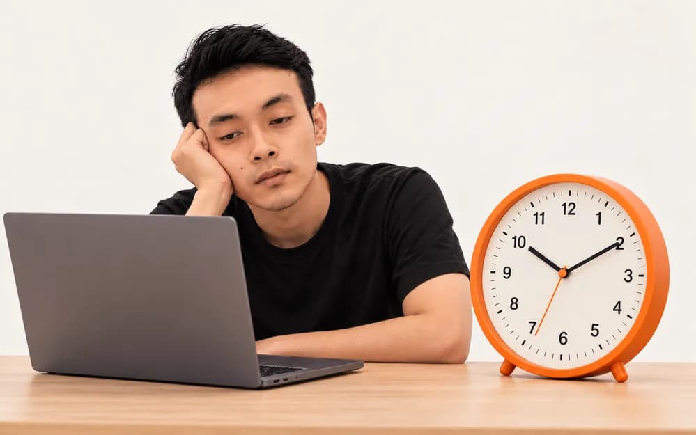 Giang mệt mỏi khi edit video bên đồng hồ lớn