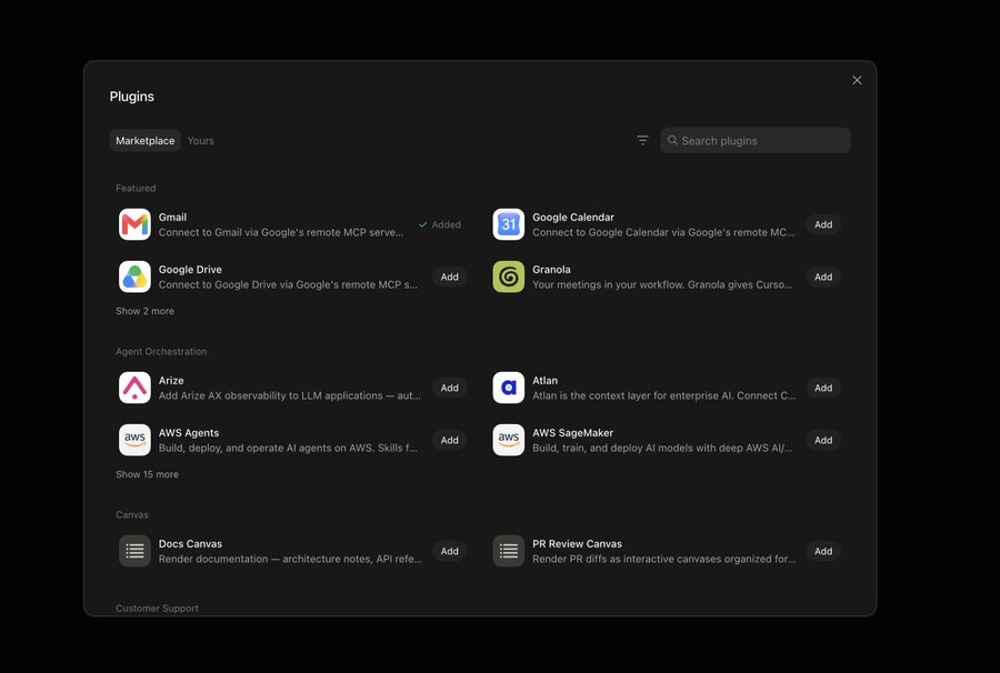 Bảng Plugins marketplace liệt kê Gmail, Google Calendar, Google Drive, Granola, AWS Agents, AWS SageMaker...