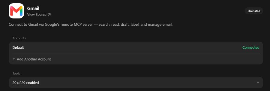 Chi tiết plugin Gmail đã kết nối: tài khoản Default Connected, 29/29 công cụ được bật