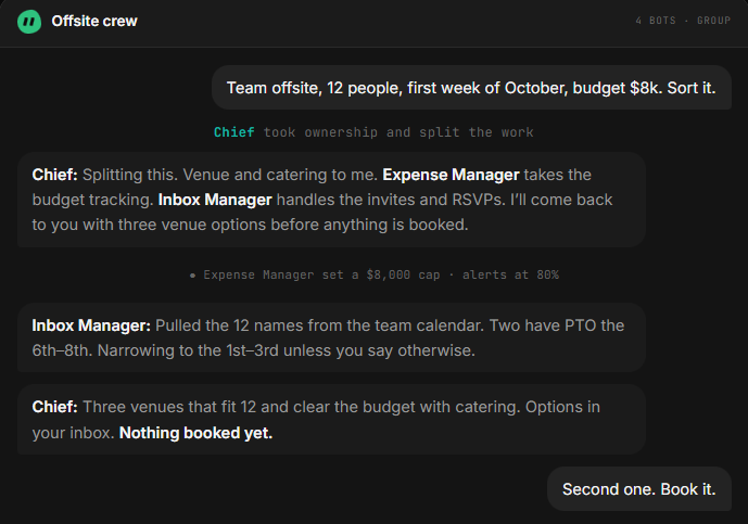 Group chat "Offsite crew" gồm 4 bot: Chief phân công venue/catering, Expense Manager theo dõi ngân sách, Inbox Manager xử lý RSVP
