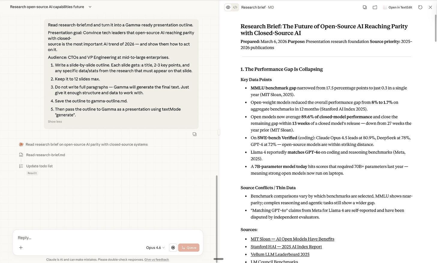Ví dụ prompt follow-up dùng để biến research brief thành outline cho Gamma