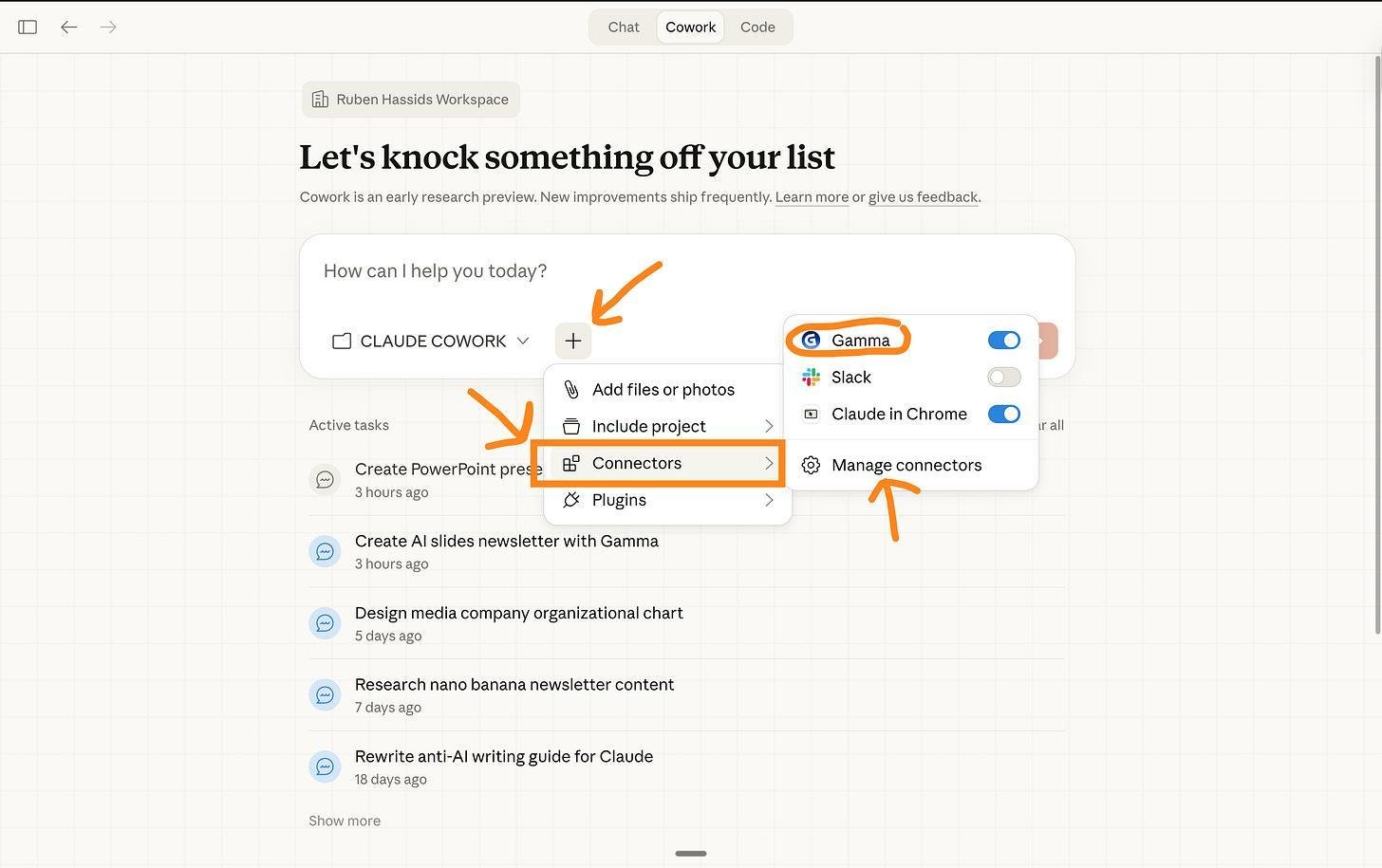 Menu Connectors trong Claude dùng để kết nối tới Gamma