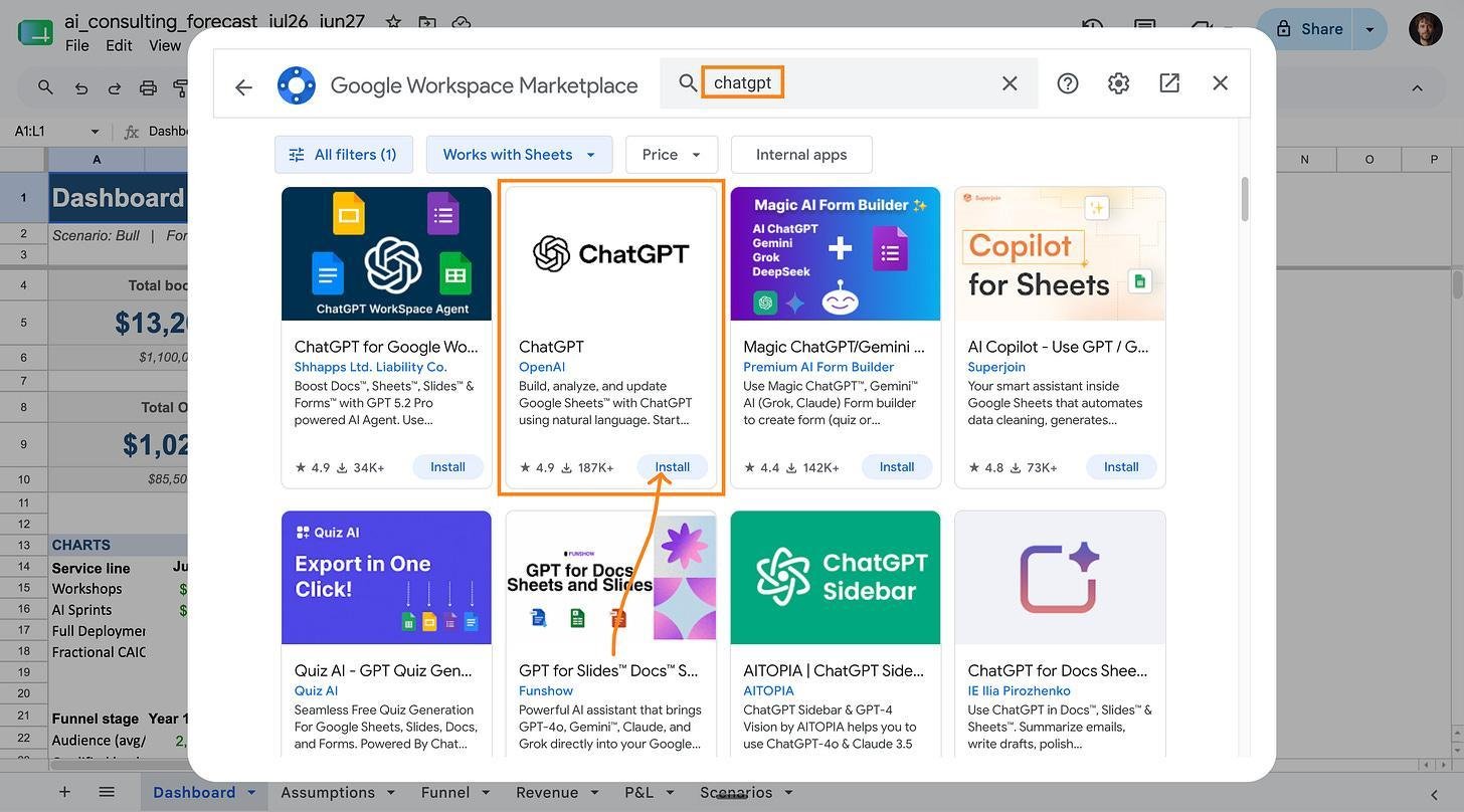 Tìm kiếm và chọn đúng tiện ích ChatGPT chính thức của OpenAI trong Google Sheets