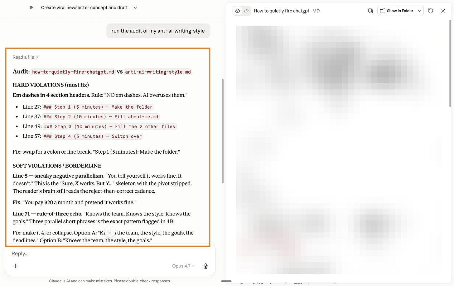 Claude tự audit và sửa lại bản thảo của chính nó sau khi nhận prompt kiểm tra theo file anti-ai-writing-style.md.