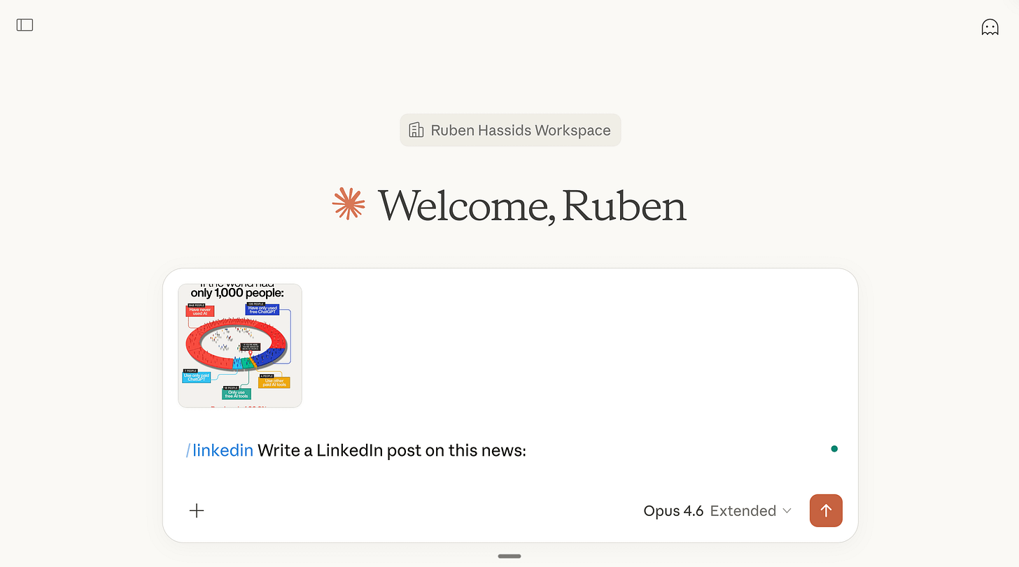 Gõ lệnh /linkedin trong khung chat của Claude để kích hoạt skill viết bài LinkedIn
