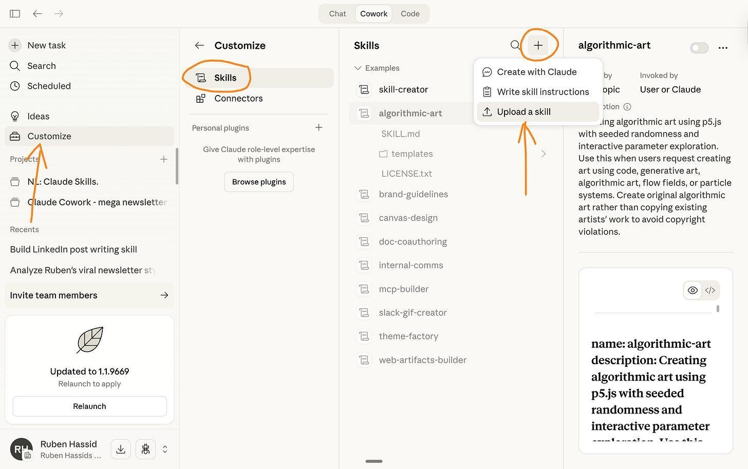 Màn hình Settings, mục Capabilities và Skills, nơi bạn upload file skill vừa tạo